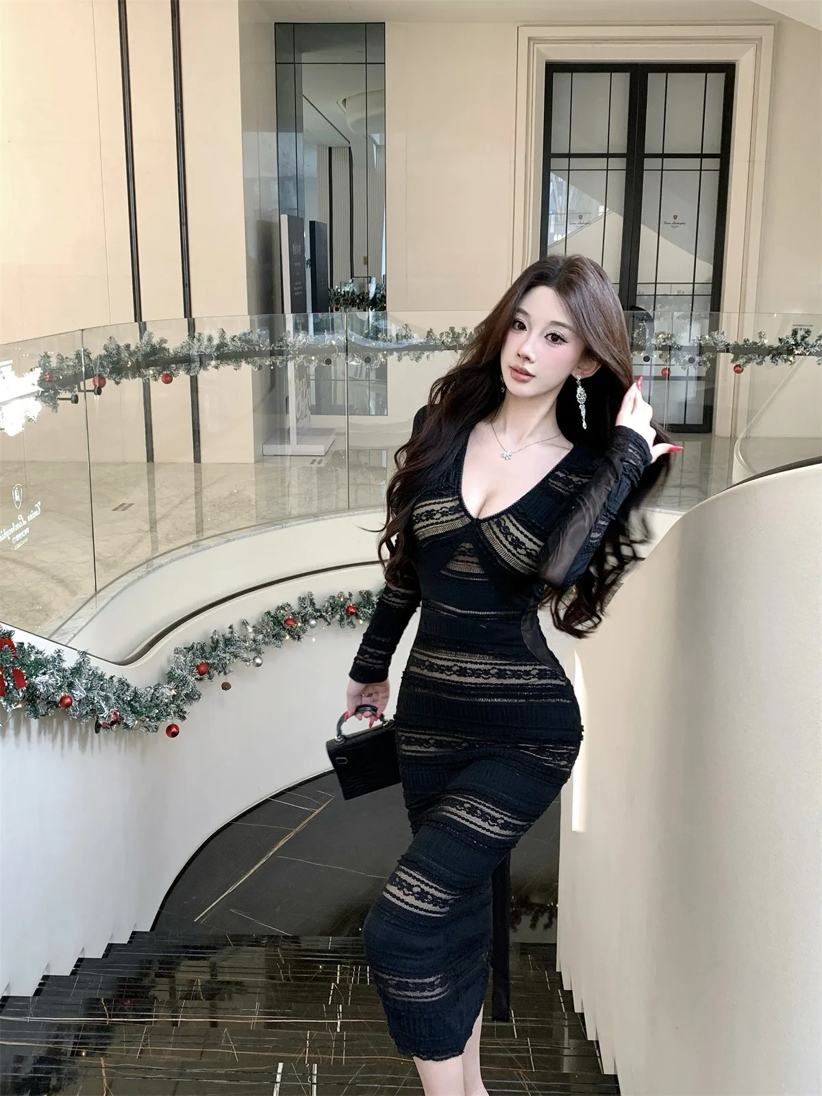 

Pure Desire Сексуальное кружево с вырезом V-Ne Long Sve Dr Женское осенне-зимнее платье с завязкой на талии и внутренней подчкой вокруг L...