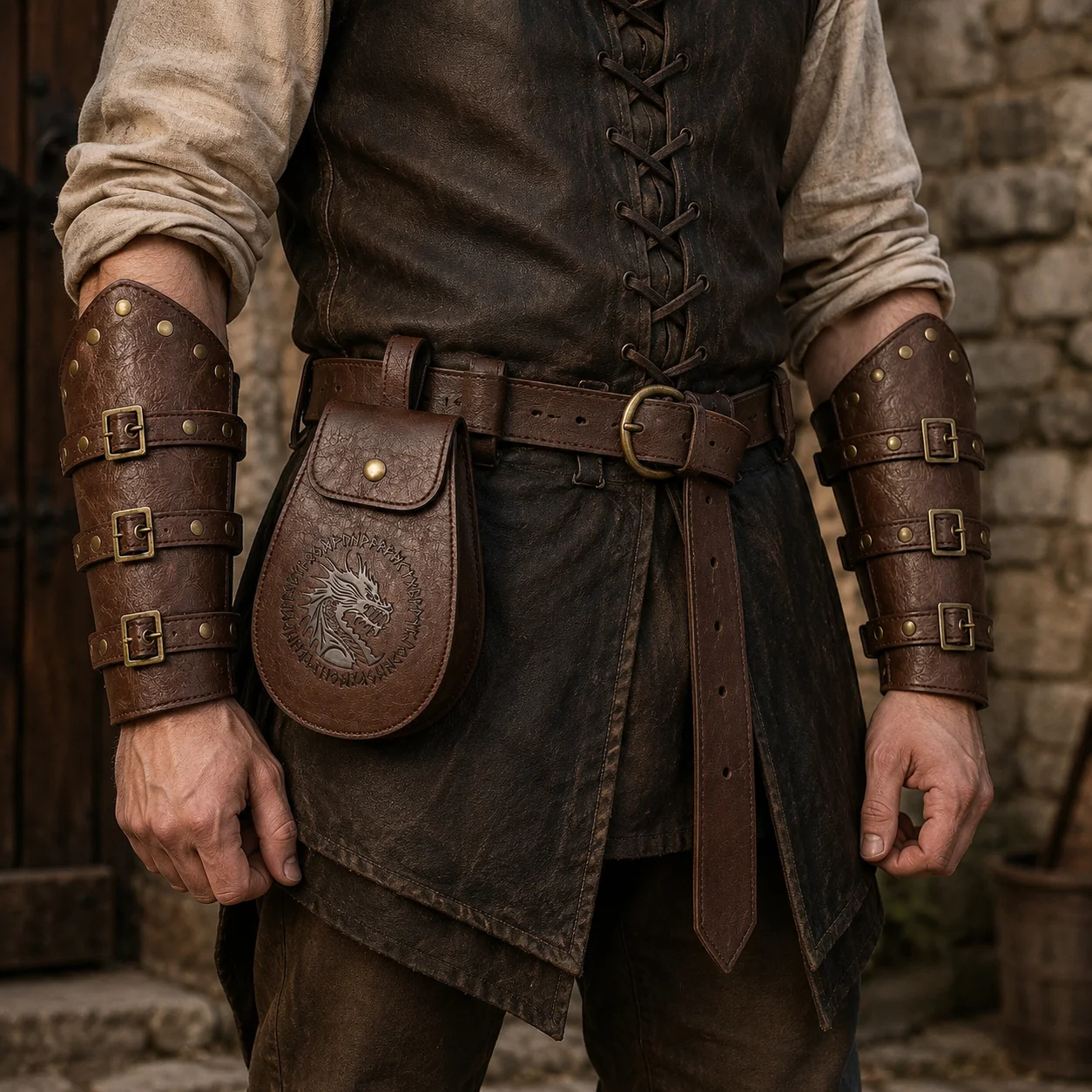 3 PCS Renaissance Accessories Set, Viking Belt, Medieval Belt Pouch and Leather Bracers for Halloween LARP Cosplay