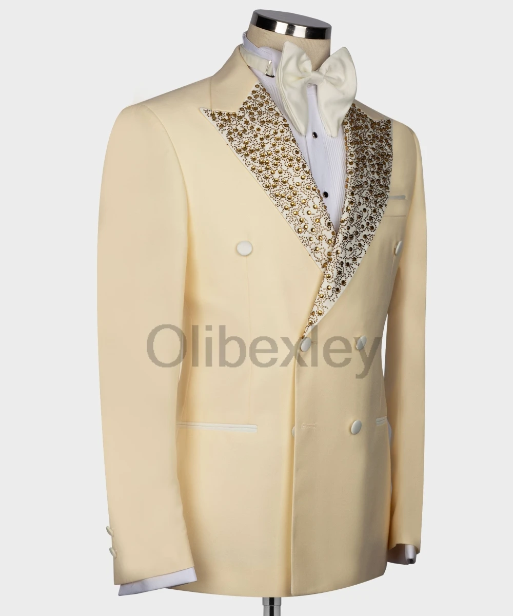 Olibexley Yellow Men Suits Gold Crystal Diamond Beaded 2-Piece Ropa Hombre Groom Male Blazers Wedding Tuxedos Customized S163
