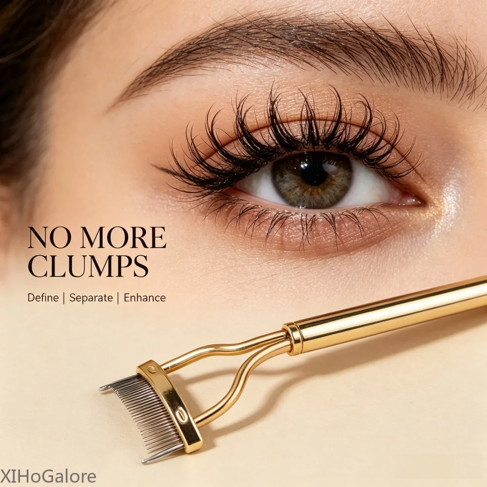 Gold Straight Handle Stainless Steel Pin Eyelash Comb Semi Curved Dense Teeth Anti Clumping Separating Brow Comb Makeup