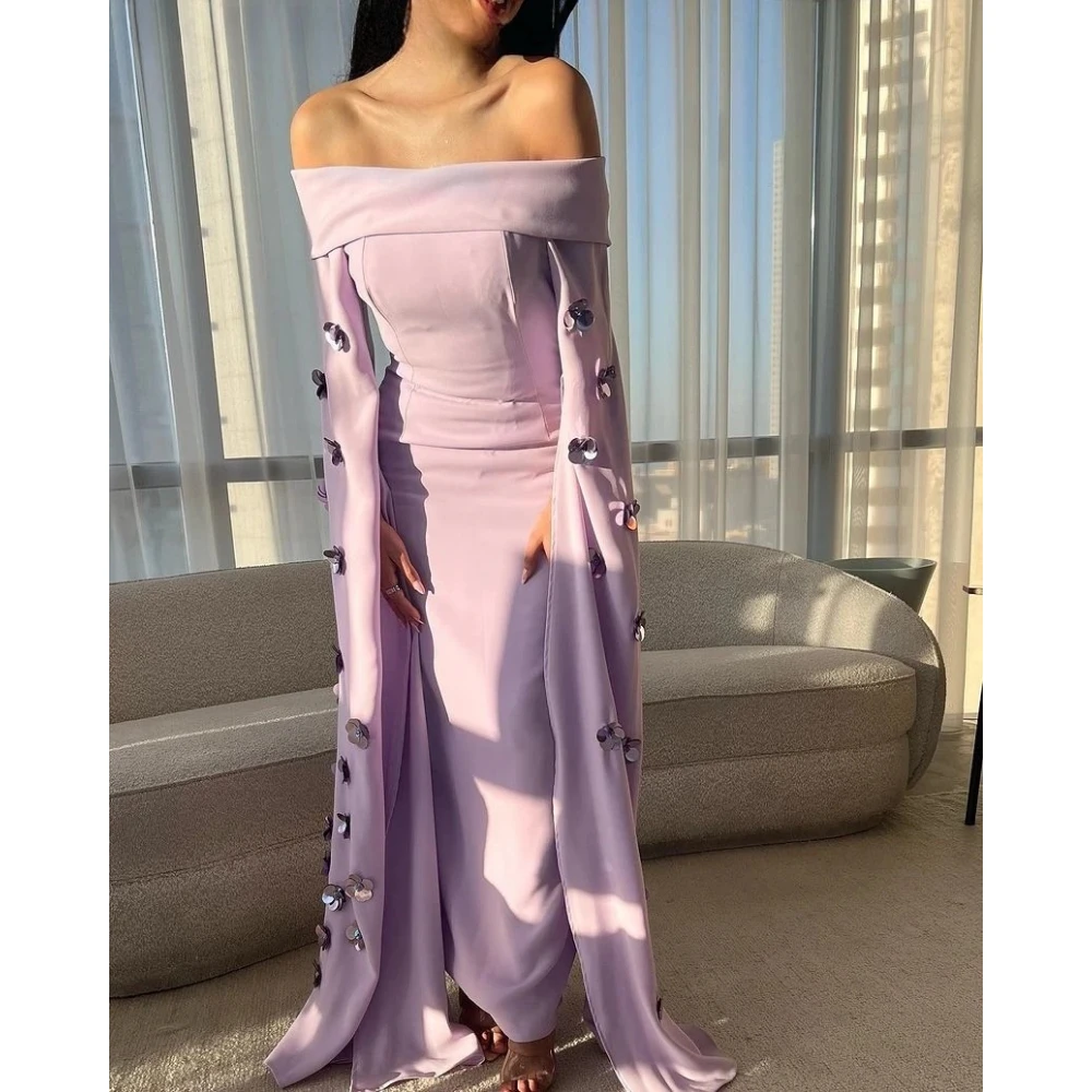 Vestido de noche lila con hombros descubiertos, personalizado, cuello Baot, lentejuelas, flores, elegante vestido de fiesta, sirena, largo hasta el suelo, vestido de fiesta