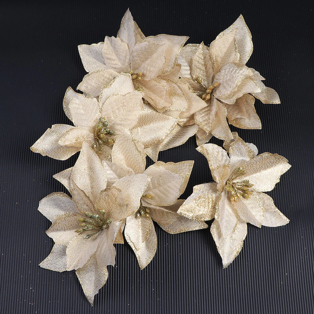 

24Pcs Christmas Flower Decoration Glitter Gold Artificial Flowers for Tree Wreath Table Decor Glitter Fake Flower