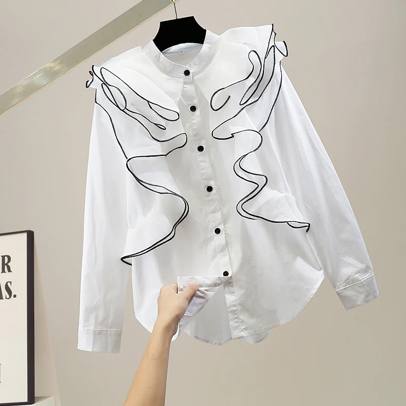 

Faionable Color Blo Long Sve irt Casual Sle Stand Collar Korean Version Straight Cut Cotton Blend Floral Trim Blouse