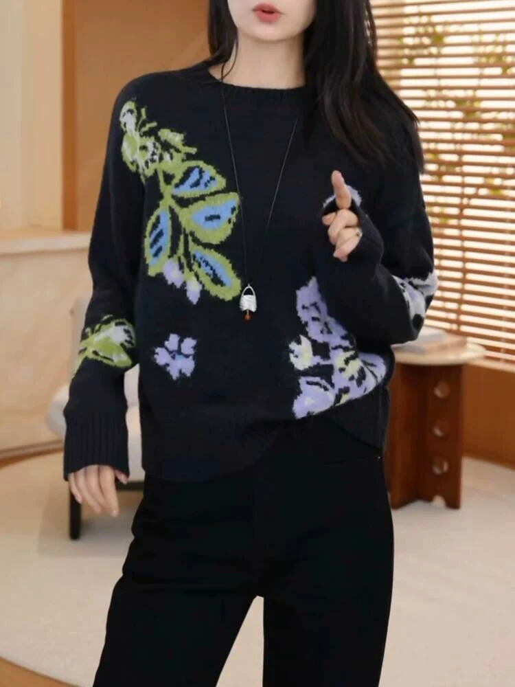 

Black Jacquard O-neck Knitted Sweater Women's Autumn Winter New Style Pullover Loose Casual Long Sleeved Sweater Top S227