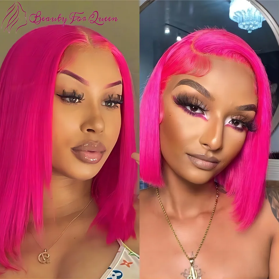

Ярко-розовый прямой короткий парик-каре из бразильских окрашенных человеческих волос для косплея, прозрачный HD кружевной фронтальный парик 13x4, предварительно снятая линия роста волос