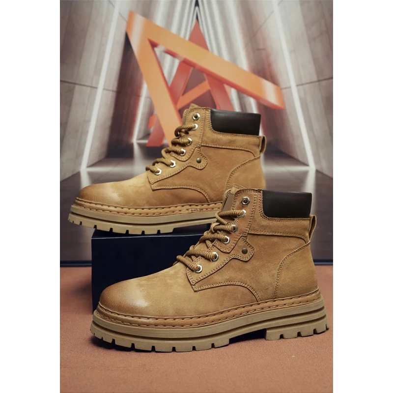 أحذية عمل لتسلق الجبال في الهواء الطلق للرجال: أحذية صفراء كبيرة جديدة لعام 2025، أحذية عمل متينة على الطراز البريطاني لزيادة الارتفاع #3