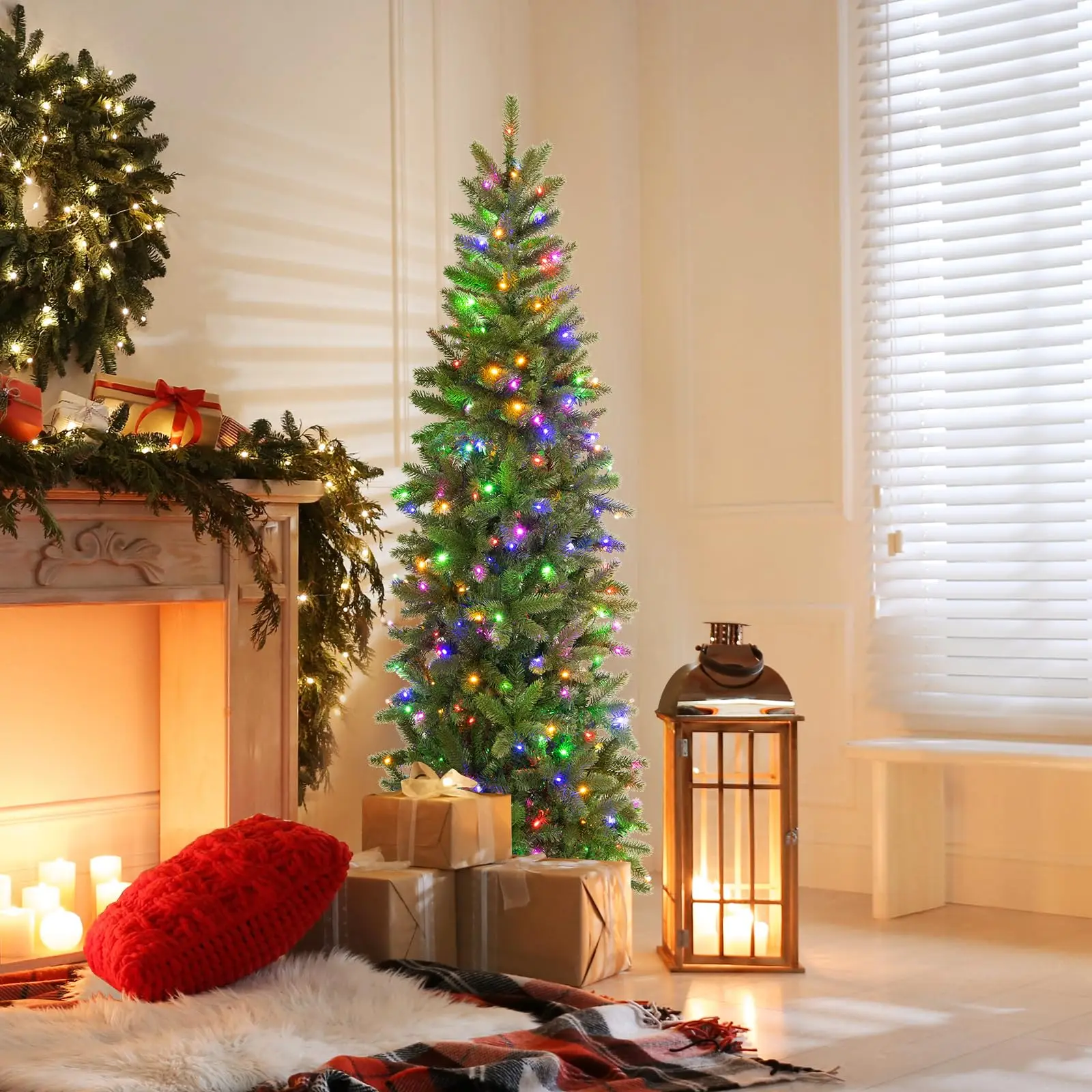 5ft Pre-lit Pencil Christmas Tree, Artificial Christmas Tree with 180 LED Lights, 10 Light Modes, 390 Branch Tips