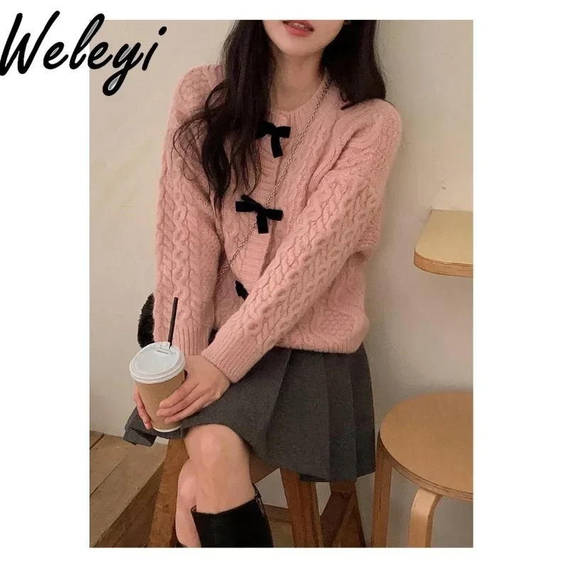 French Retro Bow Sweater Women's 2024 Autumn and Winter Cute and Versatile New Single Breasted Long Sleeve Twist Cardigan Jacket