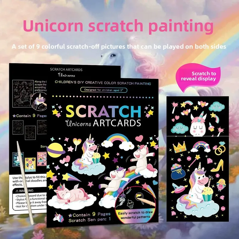 9개 세트 매직 레인보우 컬러 스크래치 아트 페인팅 페이퍼 카드 키트 만화 동물 드로잉 보드 드로잉 장난감 DIY 교육용 장난감