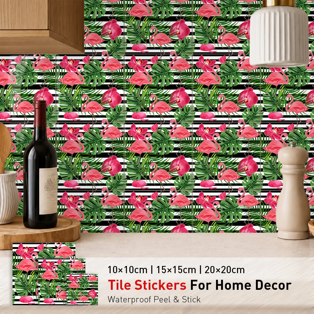 Striped Tropical Flamingo Wall Sticker, Orchid Monstera Leaf Self Adhesive Wallpaper for Summer Living Room Wall Decor