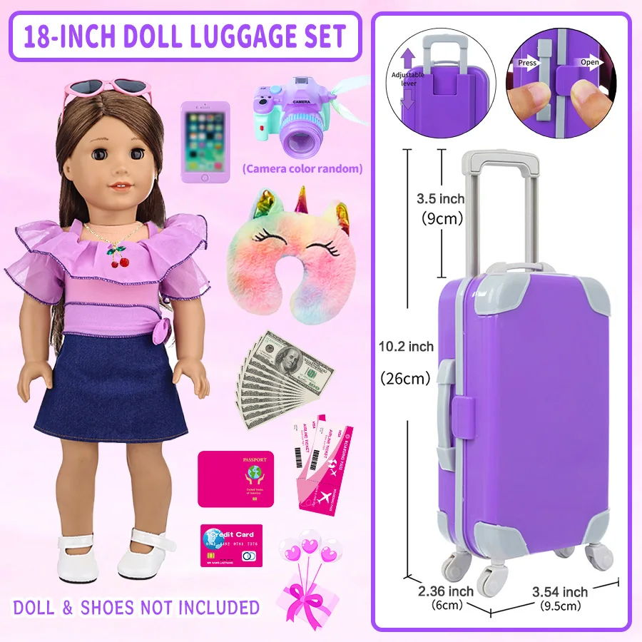 Mala de viagem para boneca de 18 polegadas, conjunto de bagagem de viagem, boneca americana, conjunto de mala de viagem, incluindo óculos de sol, câmera, brinquedos infantis