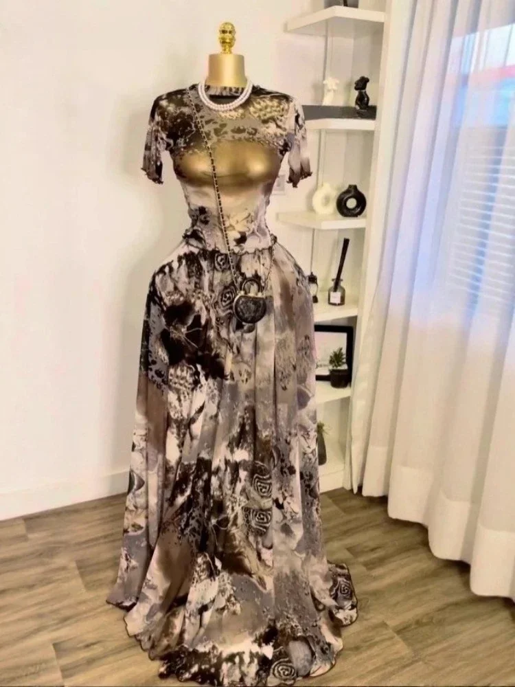 Set da donna elegante in 2 pezzi, manica corta, scollo a O, top stampato con gonna lunga, tuta autunnale, set sexy per il 2025