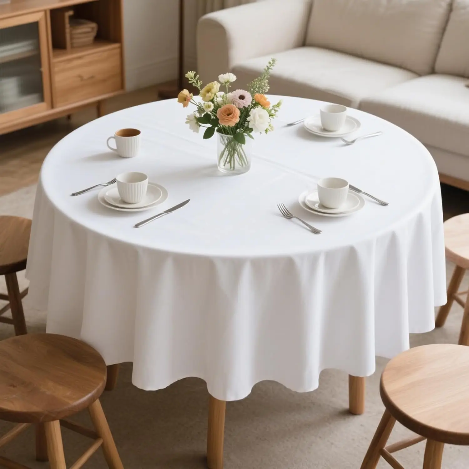 

70 Inch Round White Tablecloth - Stain & Wrinkle Resistant Polyester for Weddings