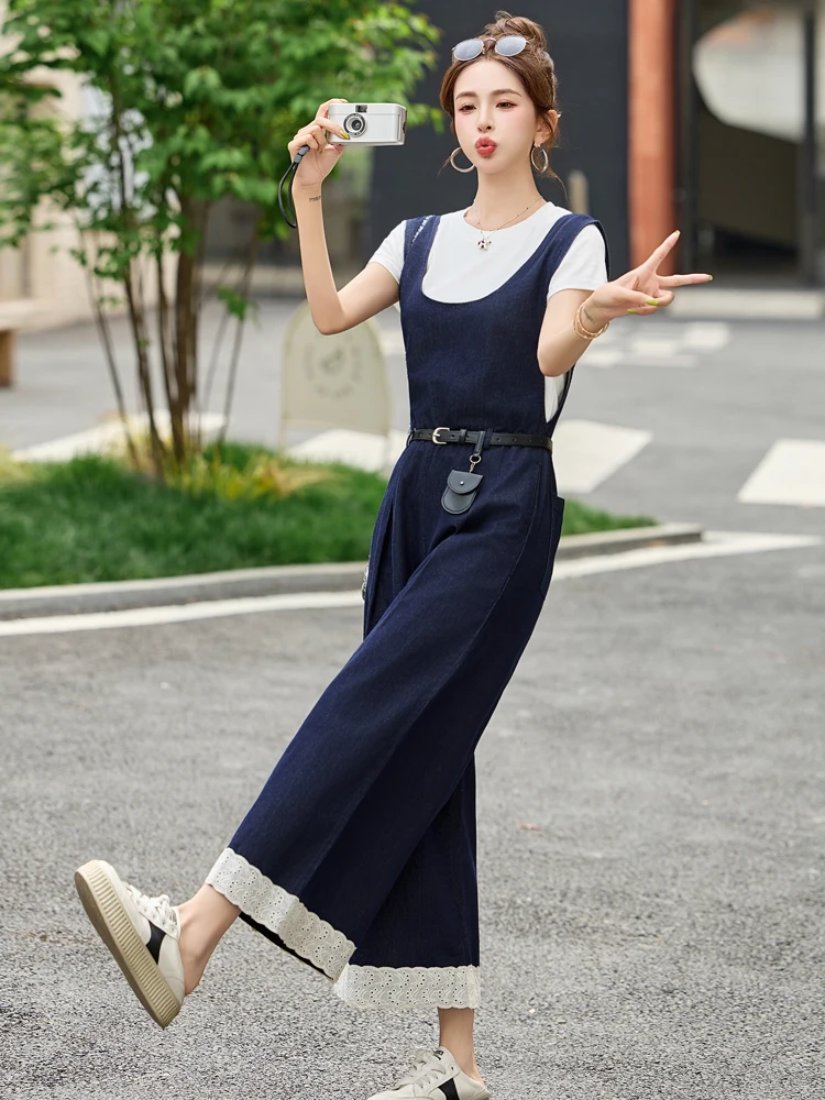 

Retro Hong Kong Sle High-End Denim Overalls Women's Anti-Aging Trendy Wide Leg Pants Casual Set Cotton High Waist orts