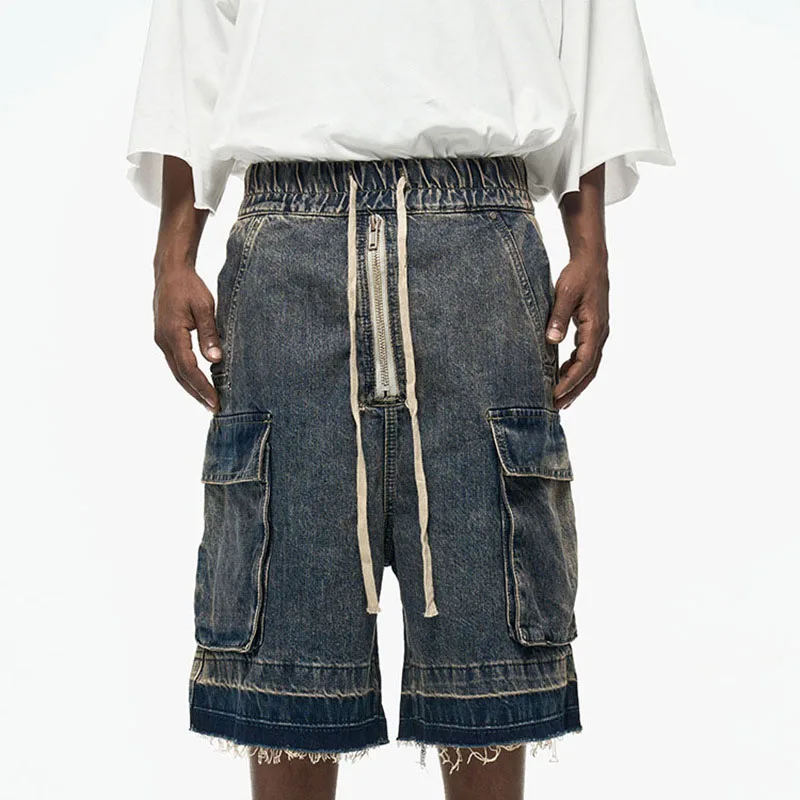 

Summer Men's Fringed Denim Shorts American Casual Fashion High Street Washed Large Pocket Male Zipper Knee-Length Strap Jeans