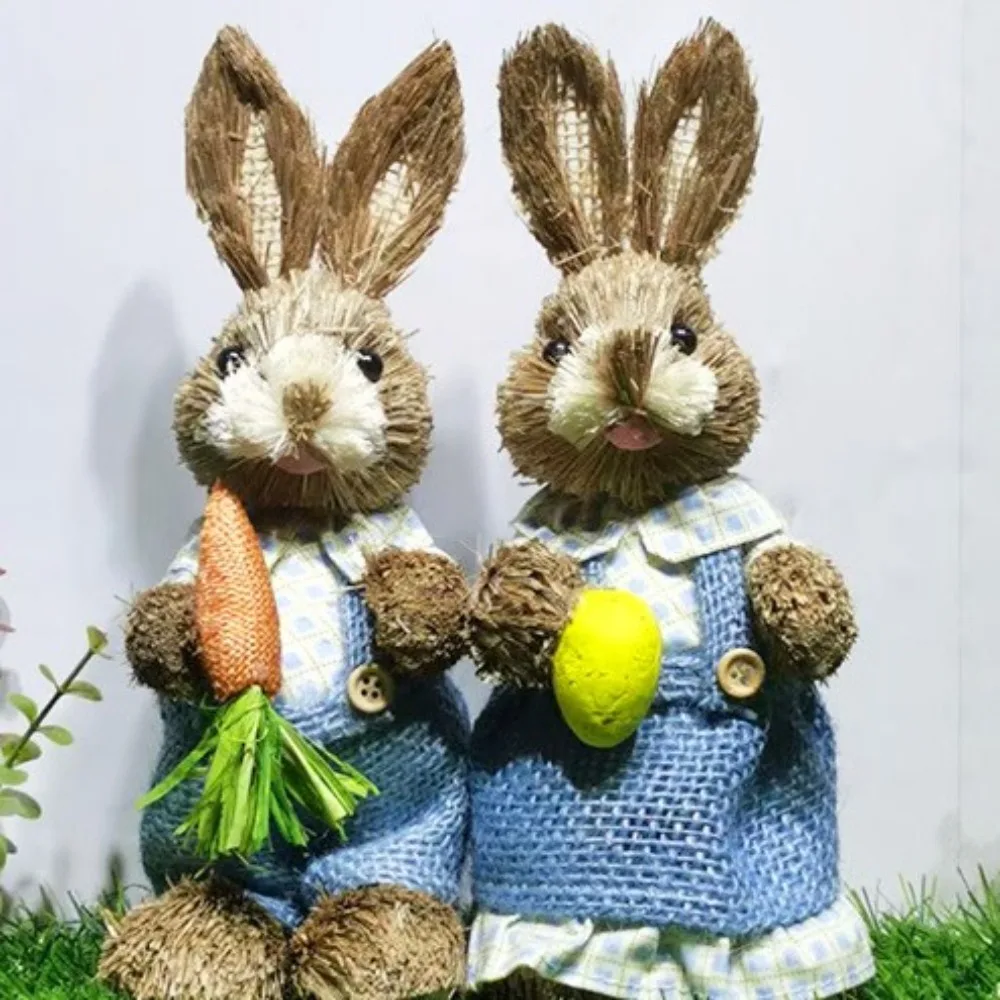 

Cute High-25cm Straw Rabbits DIY Handmade Landscape Rabbit Statue Hand Weave Gift Garden Statues Easter Party