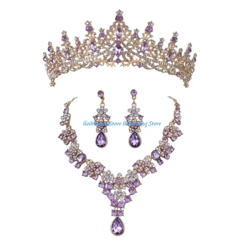 

573B Practical Multilayer Rhinestones Bridal Crown and Necklace Set for Photography
