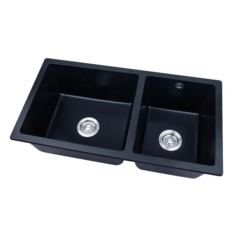8646 Black Quartz Kitchen Sink Double Bowl Undermount Granite Stone Basin for Modern Home Countertop Installation Durable