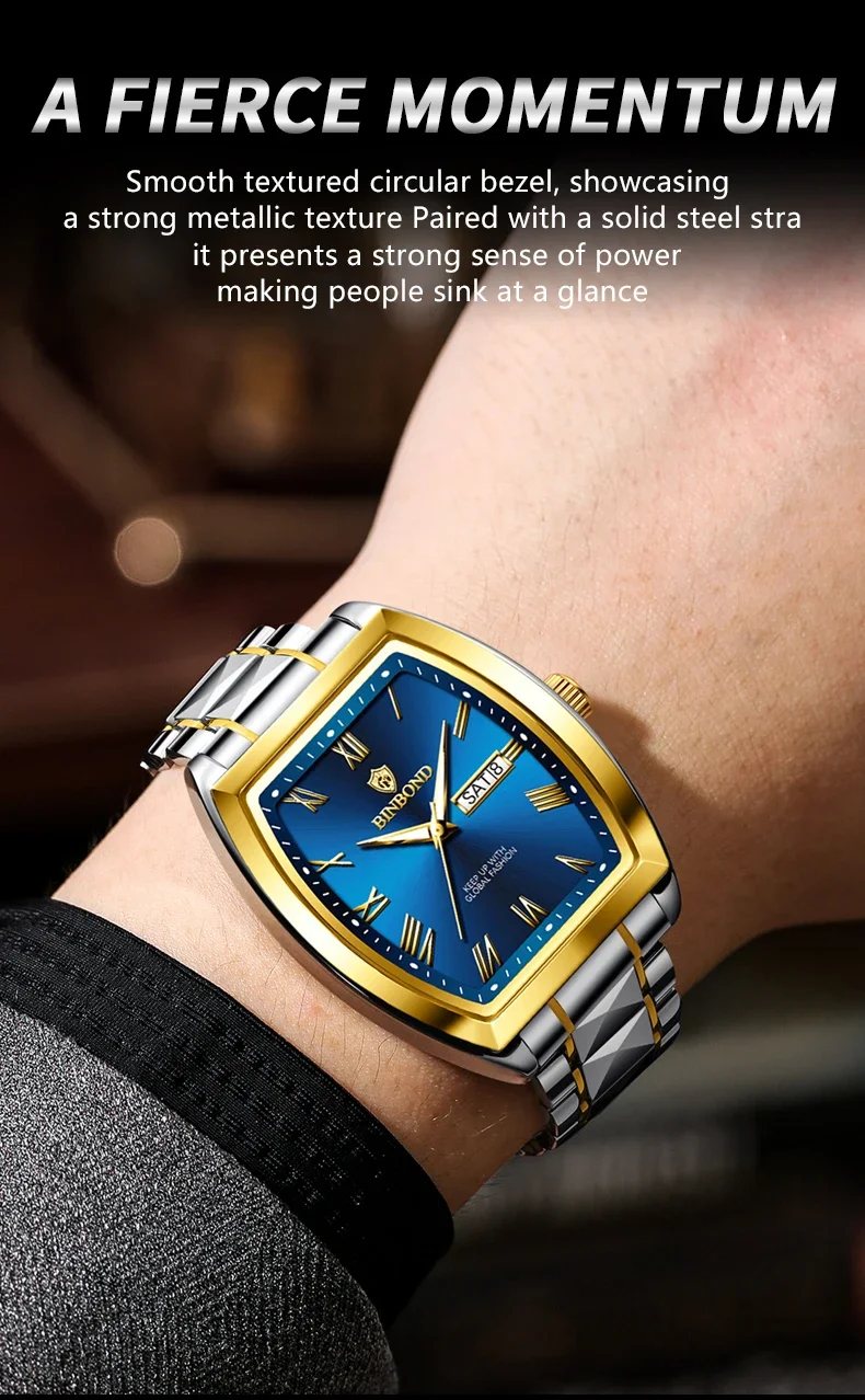 BINBOND 2pcs/Set Couple Quartz Watches Fashion Square Wateproof Lover Watch Luminous Date Week Men Ladies Casual Wristwatch