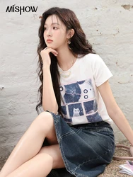 MISHOW Fun Block Cat Stampa T-shirt a maniche corte 2024 Estate Girocollo Slim Fit Top Femminile Casual Streetwear Tees MXD28T0366