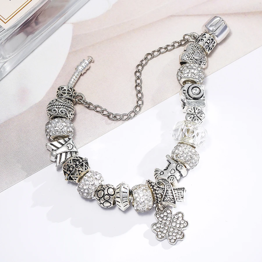 Dinglly Silver Color Beads Lucky Charm Bracelets For Women Original Streamer Crystal Beaded Bangle Fashion Jewelry Gifts