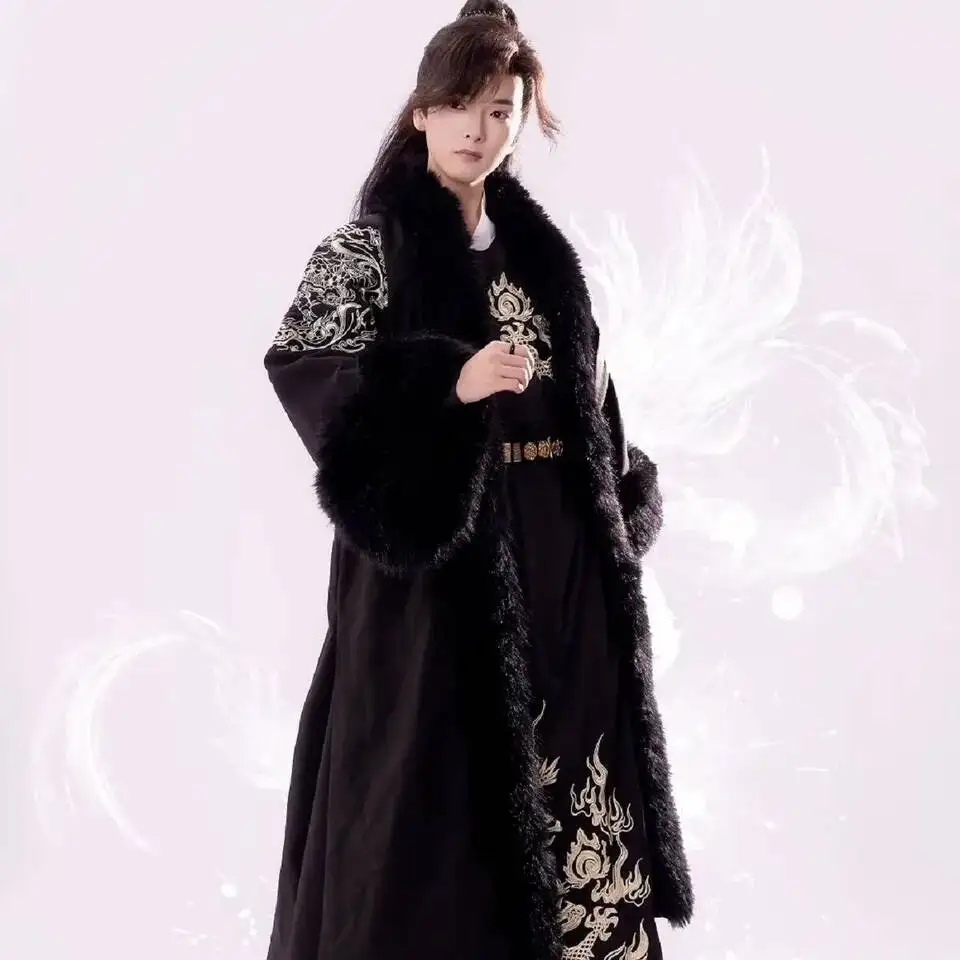 

Chinese Hanfu Men Cosplay Costume Party Outfit Winter Warm Ancient Black Embroidered Cloack Robe Hanfu Tang Suits For Women