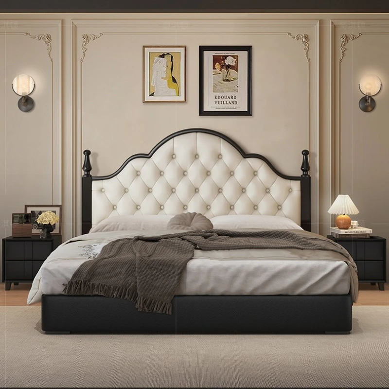 

French retro leather bed American solid wood light luxury master bedroom mid-ancient high-end