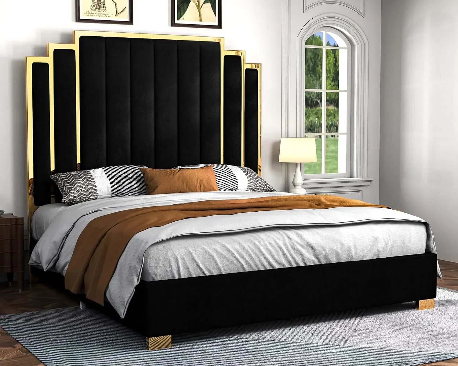 Kingsize/Queen Platform Bedframe, 61.4 "/65" Fluwelen Gestoffeerd Bed Met Gouden Rand Hoofdeinde/Houten Latten/Geen Boxspring Nodig