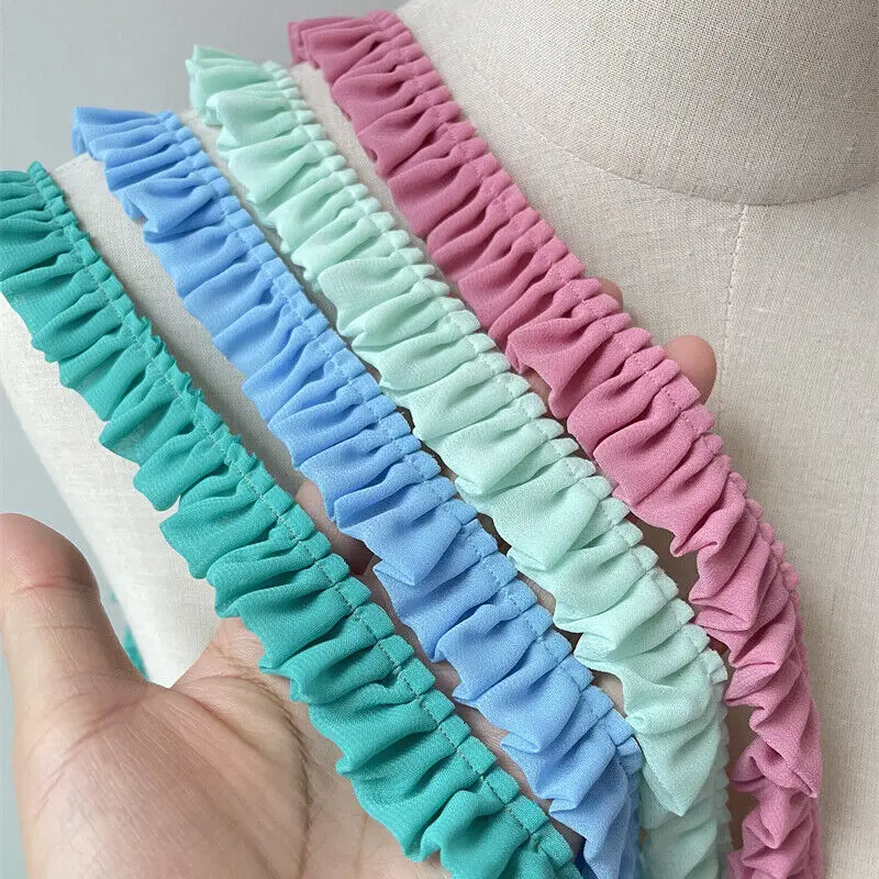 2m Pleated Stretch Lace Trim DIY Lolita Skirt Lace Fabric 2cm Width Ribbon Ruffled Elastic Band Cuffs Hem Clothing Accessories