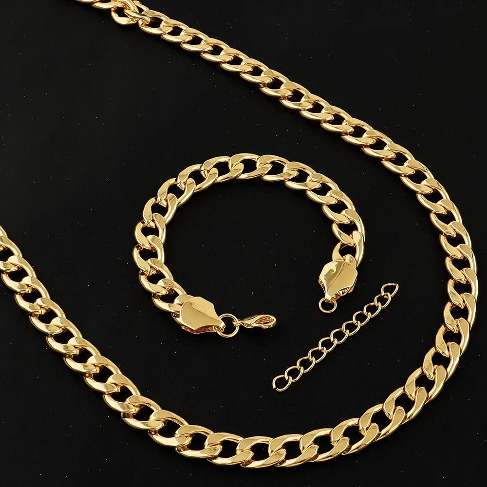 Men Accessories In Dubai - ชุดเครื่องประดับสร้อยคอและกำไลข้อมือแบบโซ่ลายงูทองคำและเงินสไตล์คิวบา ดูไบ ขนาด 60 ซม. สำหรับผู้ชายและผู้หญิง