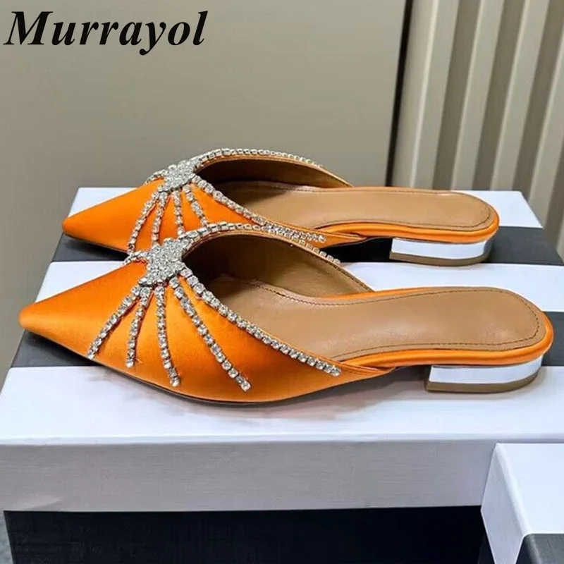 

Closed Toe Rhinestone Decor Mules Women's Satin Solid Color Flat Slippers Summer Outdoor Vacation Beach Shoes Slides Dress Shoes