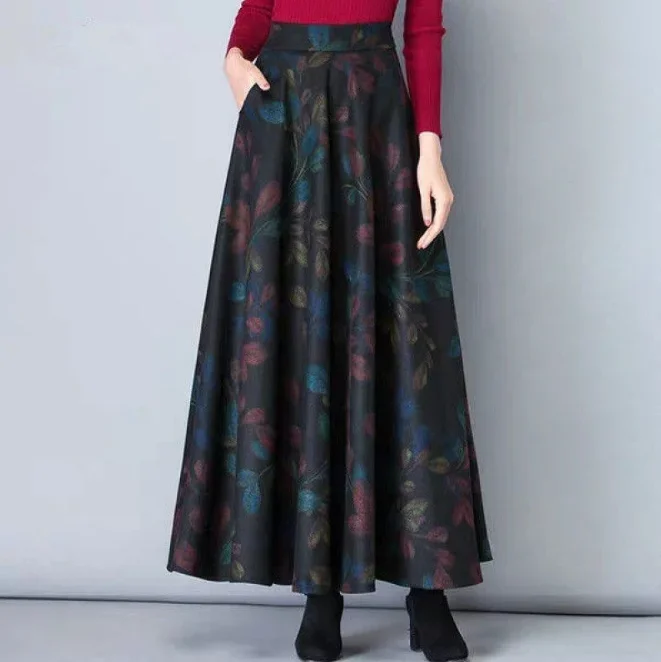 Autumn  Winter  Print  Women's 2021 New High Waist Medium Length A-line Large Swing  Shows Thin Long Skirt Claret Gray