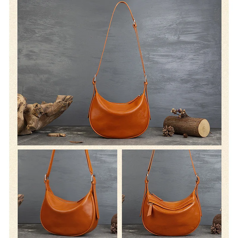 حقيبة كروس على شكل هلال للنساء، محفظة كتف عصرية يومية وحزام قابل للتعديل من جلد البقر الأصلي #2