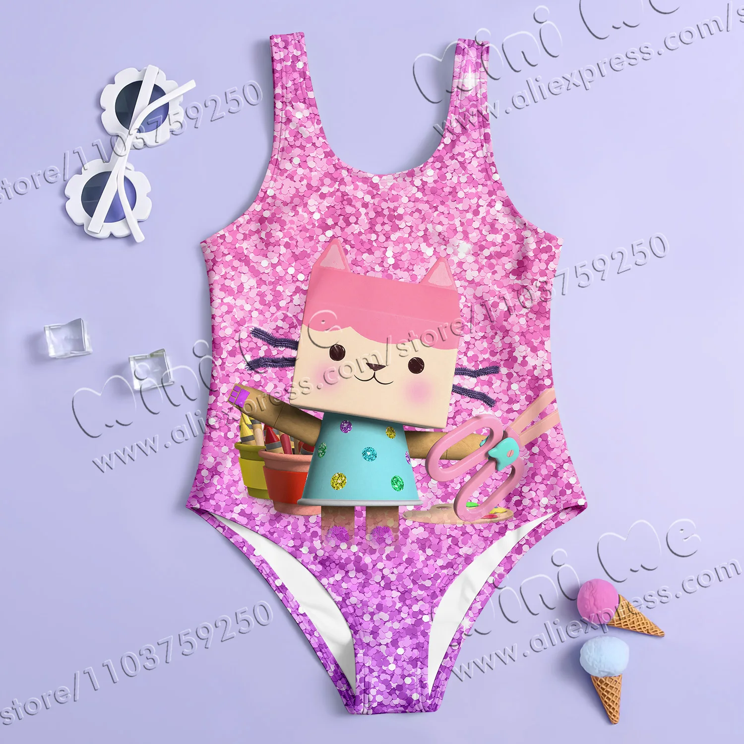 MINISO Girl Summer One-Piece Swimsuit Fashion Cartoon Gabby Dollhouse sequin Series Print Women Swimwear Sleeveless Clothing