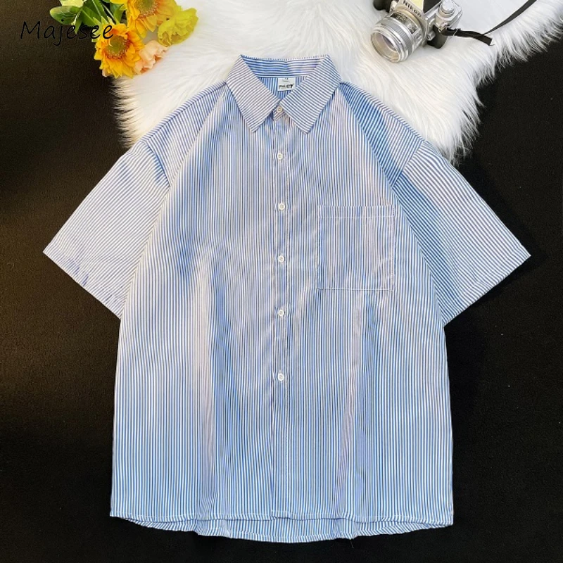 

Shirts Men Simple Smart Casual Daily Summer Striped Pocket Half Sleeve Panelled Japanese Style Male Basic Popular Handsome Soft