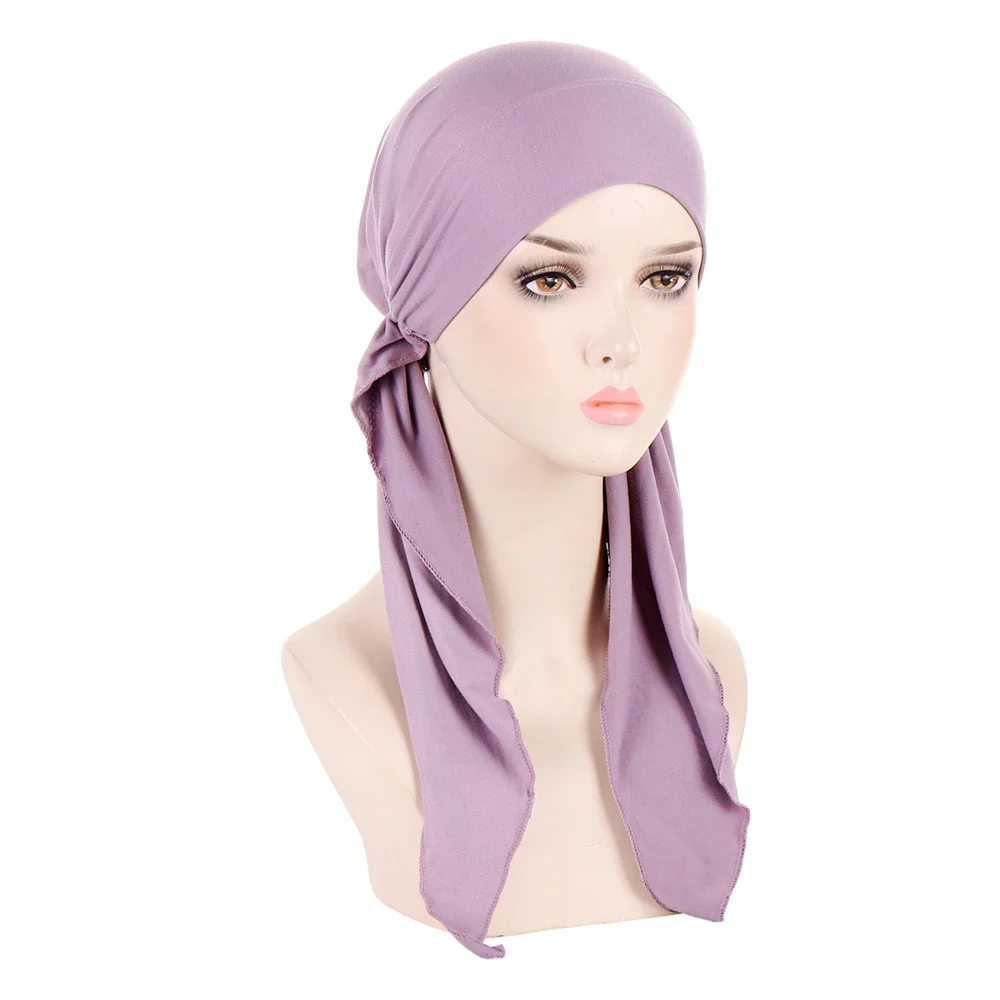 Muslim Women Stretch Hijab Turban Hat Cancer Chemo Beanies Cap Pre-Tied Scarf Headwear Headwrap Bonnet Bandanas Hair Accessories