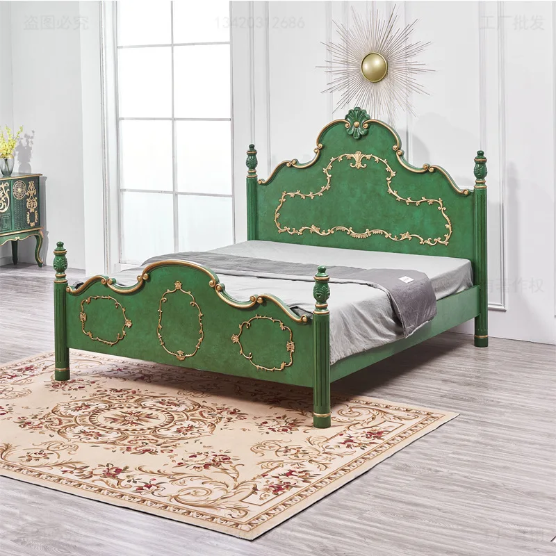 Golden Emerald American Solid Wood Bed Retro Double Bed Master Bedroom Queen Bed French Luxury Bedside Table