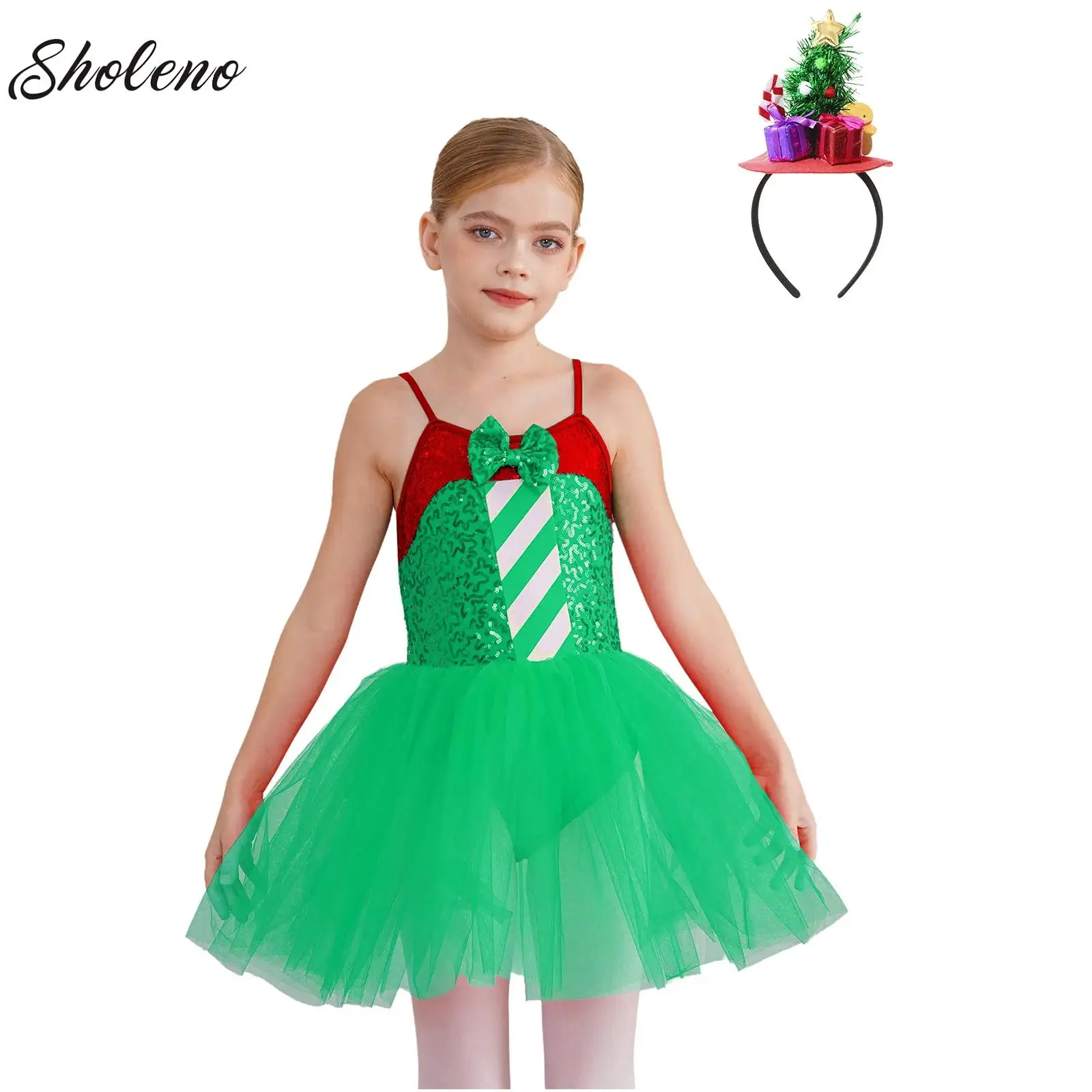 

Christmas Elf Costume Xmas Dance Figure Skating Leotard Tutu Dress for Big Girls Sequin Stripes Carnival Santa Cosplay Clothes