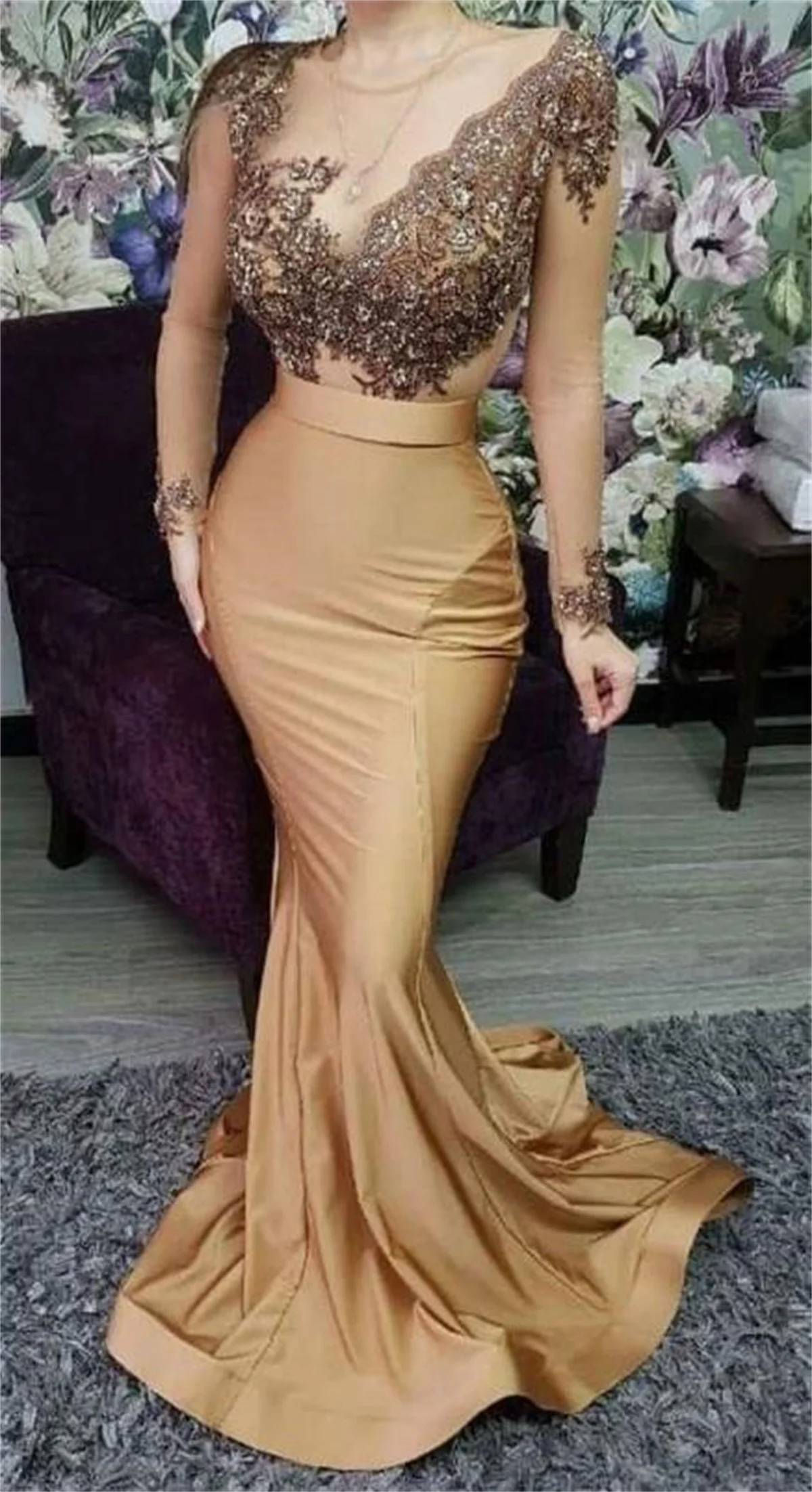 Mode erröten rosa Spitze Applikation Satin Meerjungfrau Brautjungfer Kleid Rundhals ausschnitt Langarm Abschluss ball Party Kleid Dienst mädchen mit