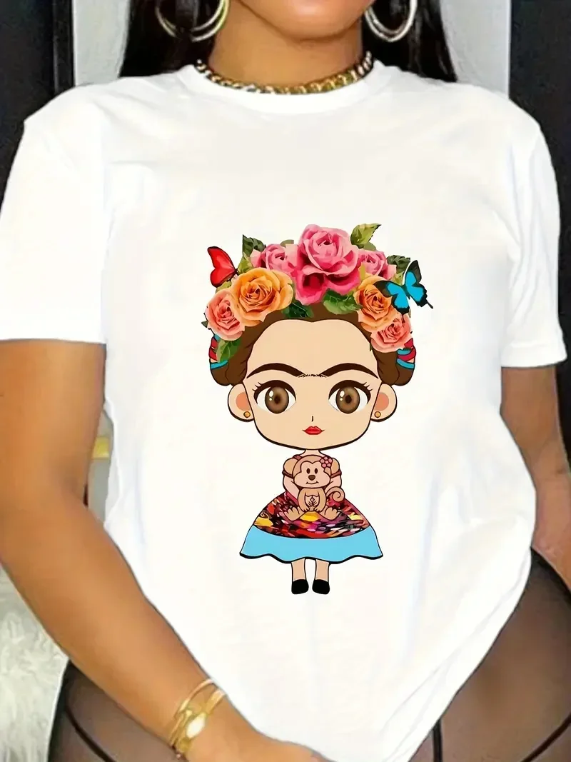 Cartoon Frida Print T-Shirt, Casual Short Sleeve T-Shirt For Spring & Summer, Women's Clothing