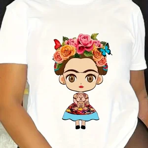 الكرتون فريدا طباعة تي شيرت عارضة قصيرة الأكمام الربيع الصيف تي شيرت ملابس نسائية أفضل 6 قميص فريدا كاهلو للمبيعات - رقم 2