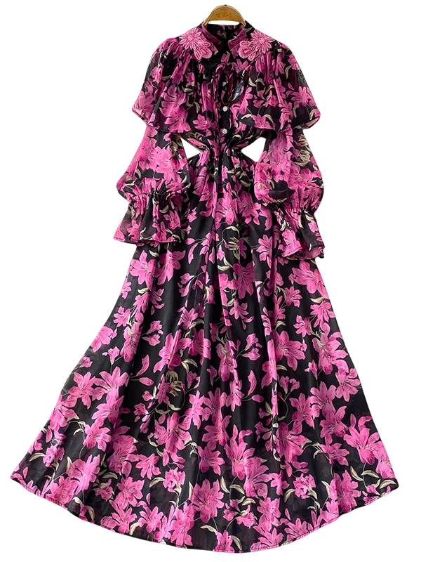 Ele Vintage Court Sle Beaded ow Dr Women's Beautiful Print Full Skirt Stand Collar Long Sve High Waist A-Line D...