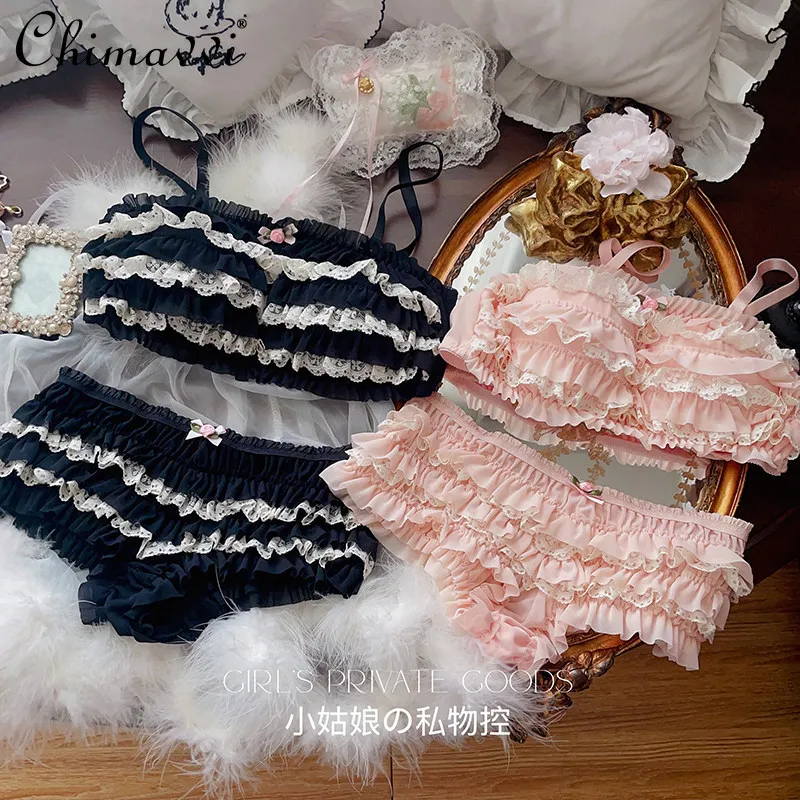 

Japanese Sweet Girl Retro Cake Ruffle Lace Sexy Camisole Top Spring and Summer Cute Pure Desire Womens Wireless Bra Set