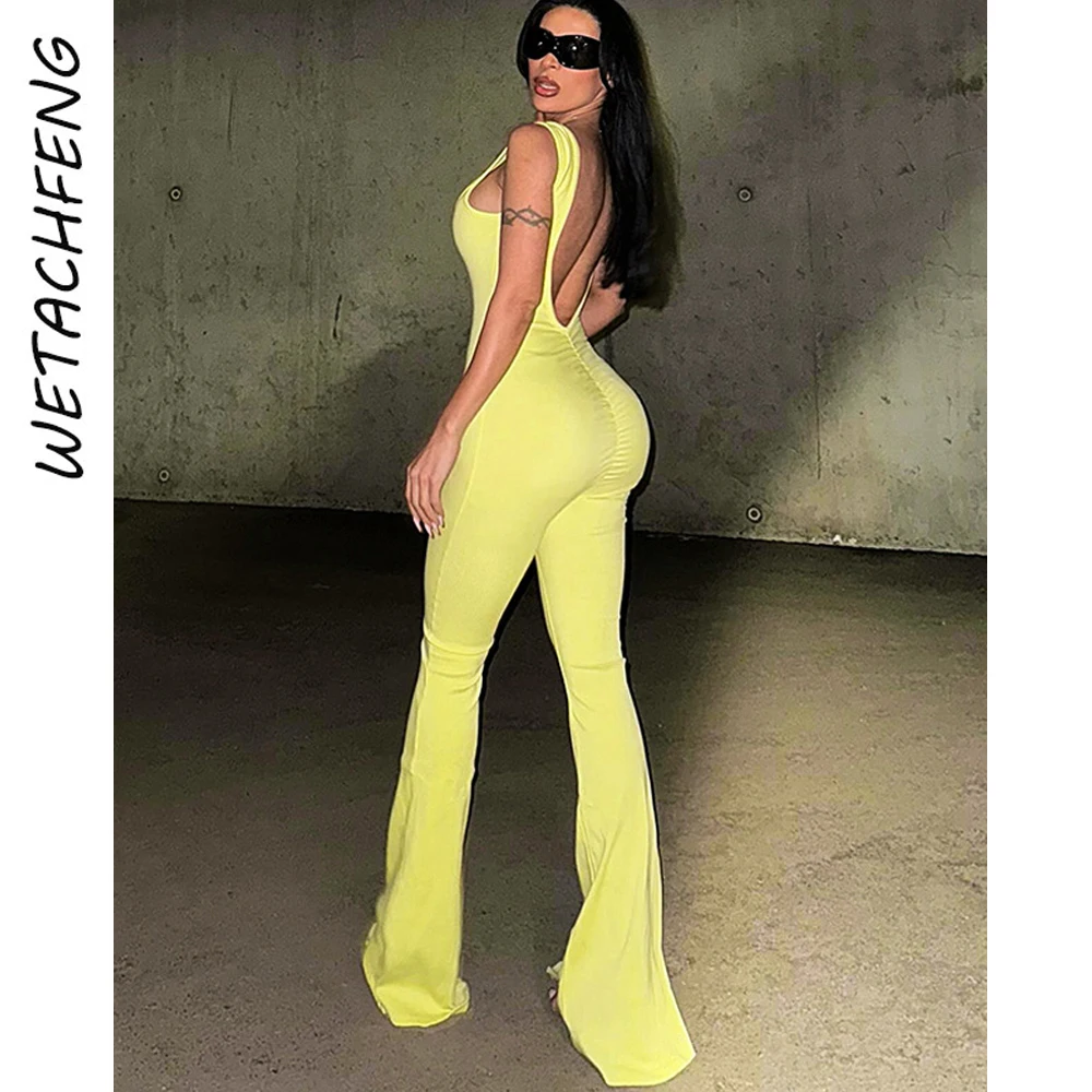 

Yellow Sexy Backless Knitted Flared Pants Women Jumpsuits Summer Streetwear Black Sleeveless Outfits Bodycon One Piece Overalls