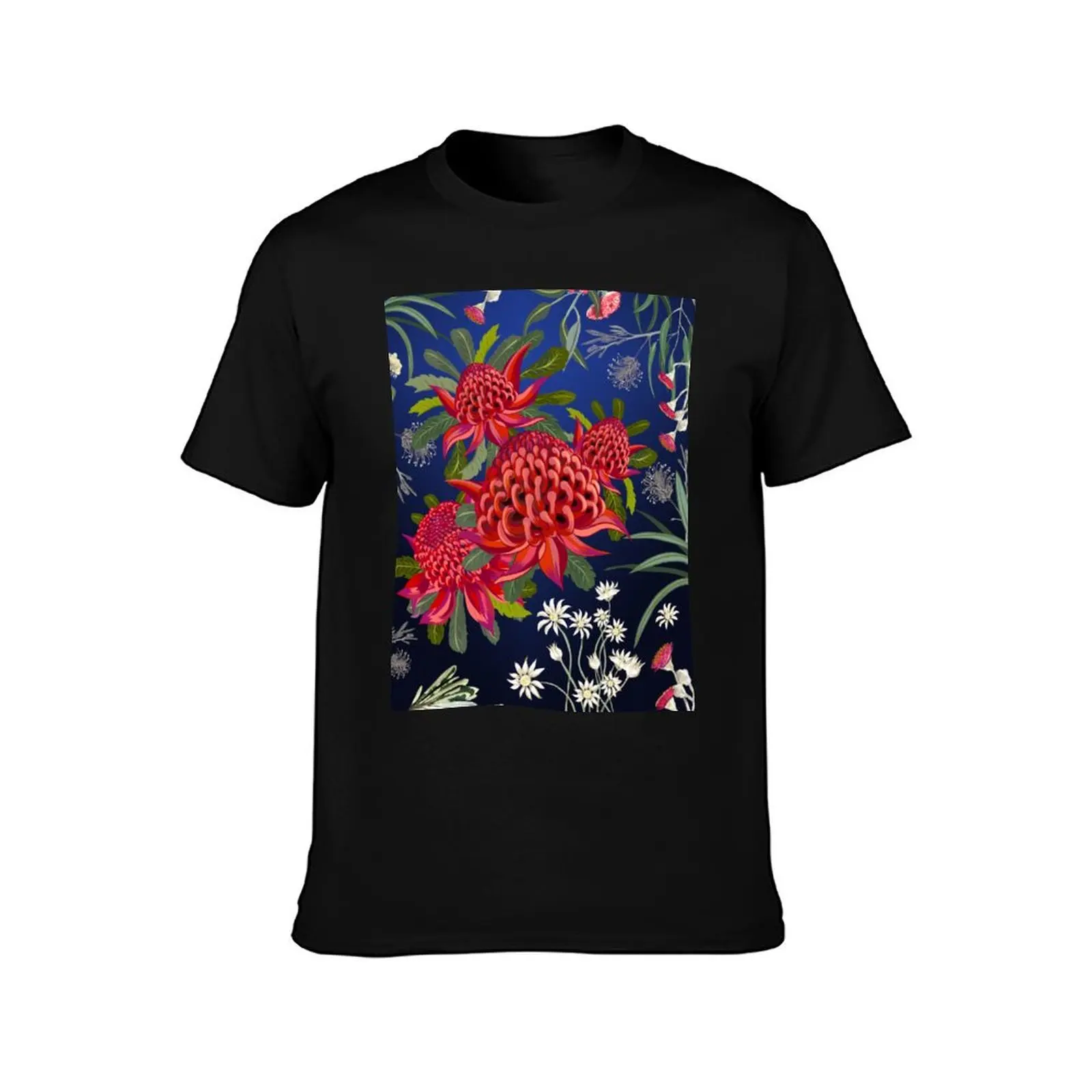 Botanical Australian native flowers, Waratah, forals, red, blue, bright contemporary art T-Shirt