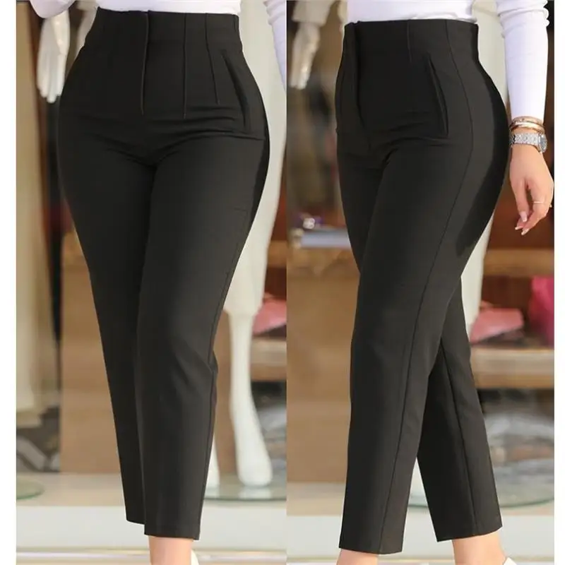 Casual damespanty met hoge taille, woon-werkbroek, asymmetrische lange broek met rechte pijpen, comfortabele strakke pasvorm, kantoorkleding