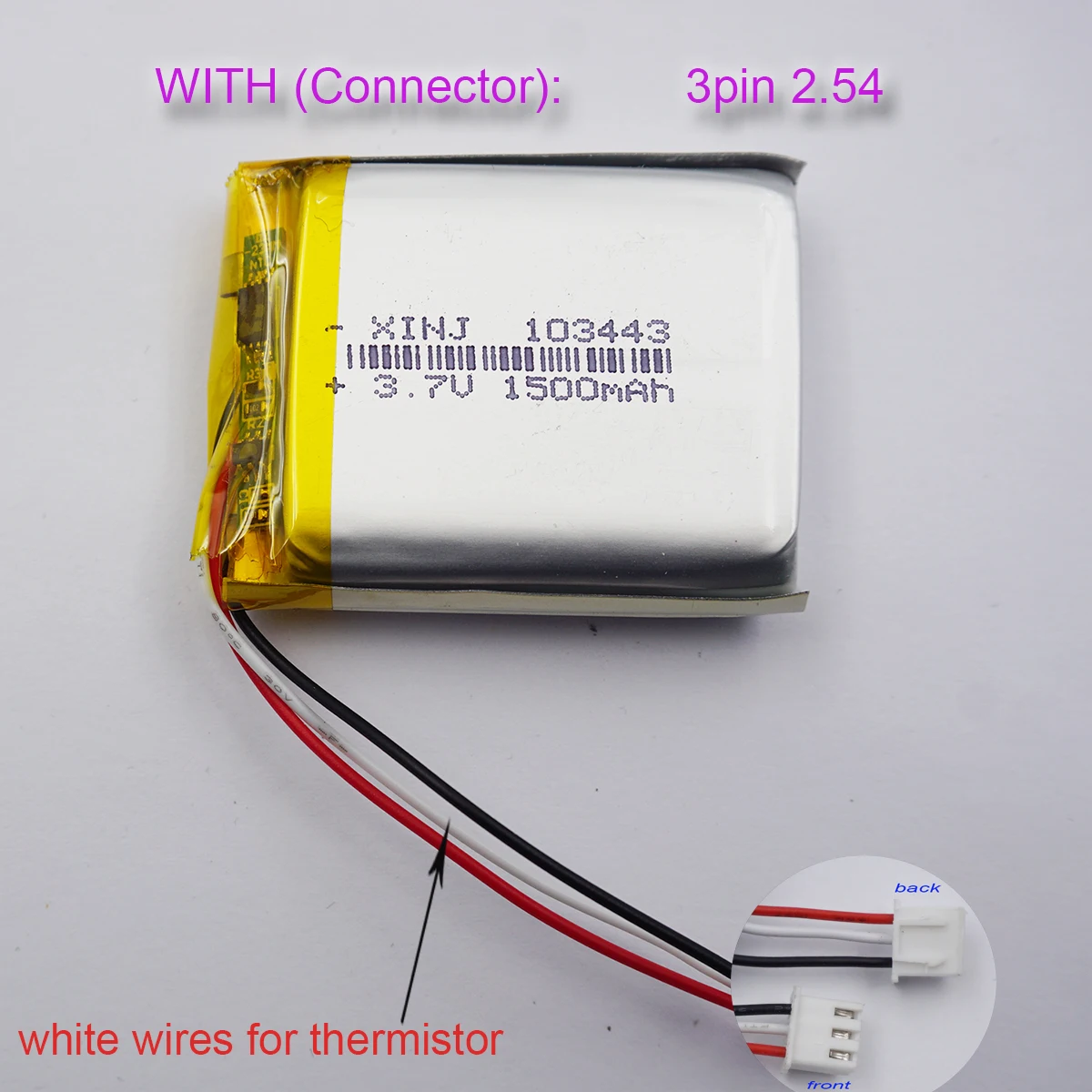 3.7V 1500mAh 5.55Wh Li-Polymer Li Lithium Battery 103443 Lipo Thermistor 3-Wires JST 3Pin 2.54mm For Drift Camera DashCam GPS