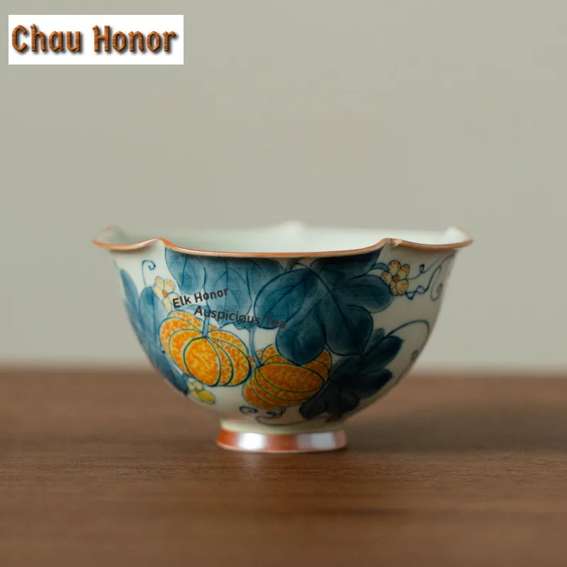 

90ml Hand-painted Pumpkin Teacup Aesthetic Tea Bowl Mug Tea-tasting Smelling Cup Jianzhan Master Cups Household Teaware Supplies