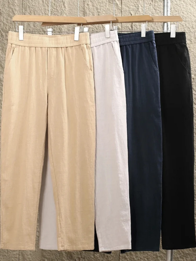 

Весенне-летние новые мужские брюки из хлопково-льняной смеси: легкие, удобные, дышащие, свободного прямого кроя, с эластичным поясом, повседневные, цветные.