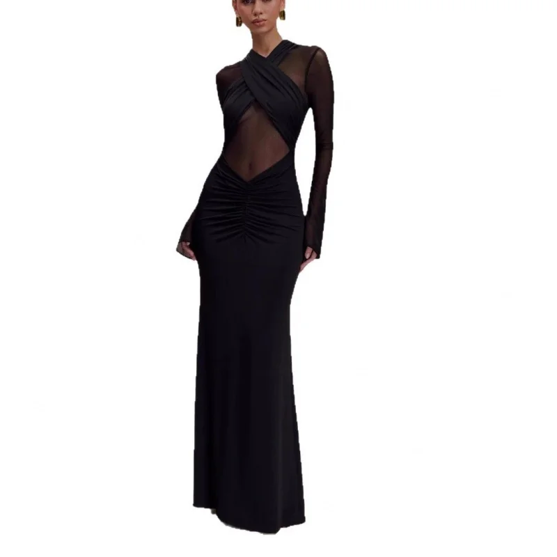 Abito da donna plissettato di fascia alta aderente trasparente alla moda europea e americana